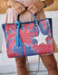 Red tropical embroidered tote bag
