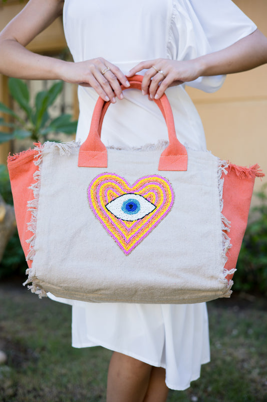 Beige x orange heart beaded bag