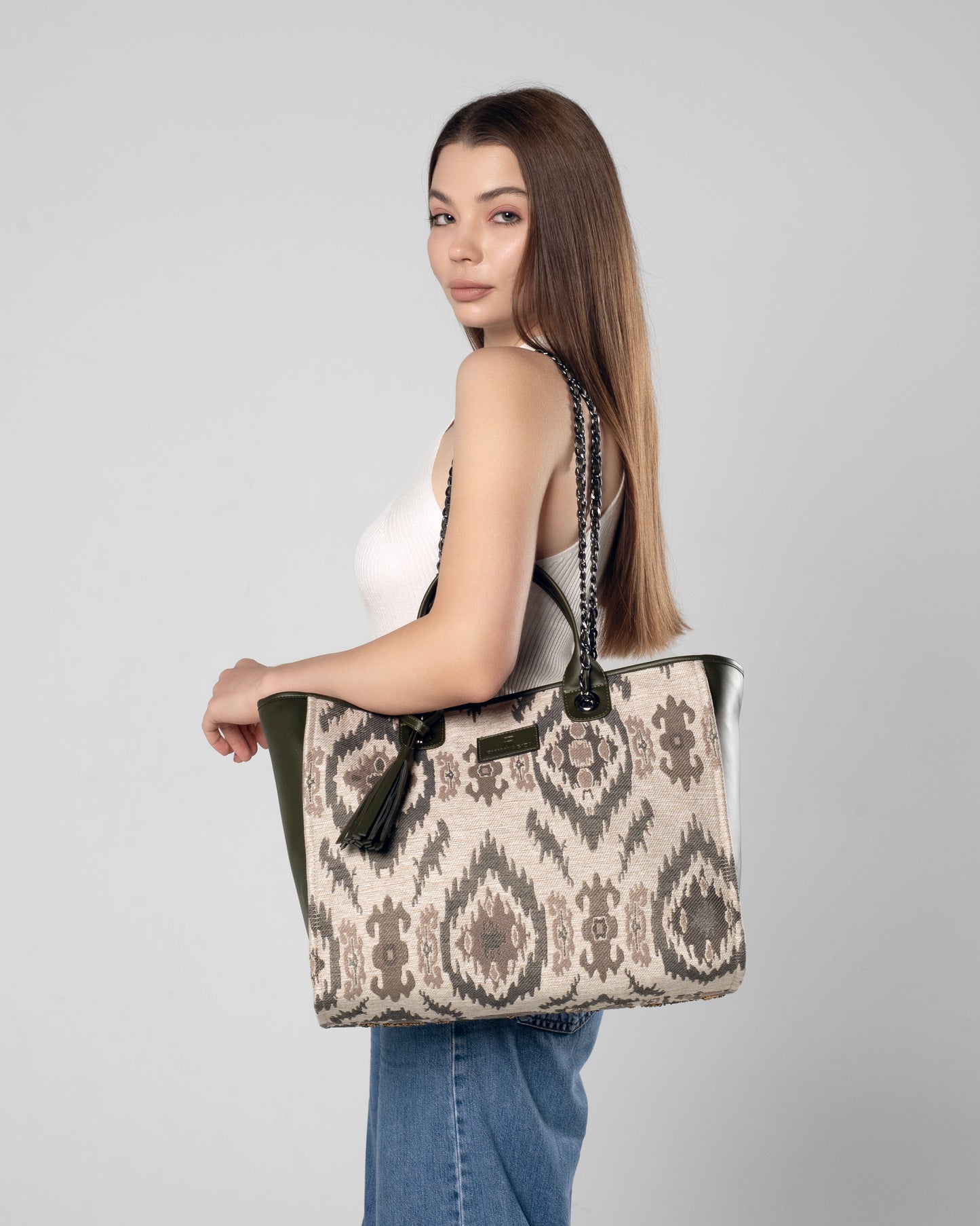 Embroidered jacquard olive bag