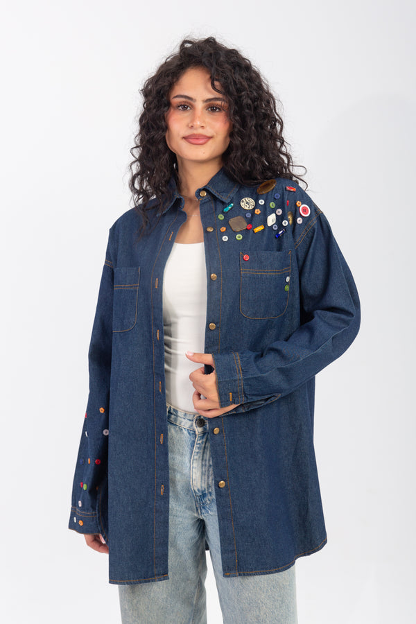 Denim Shirt with Handmade Summer buttons Embroidery
