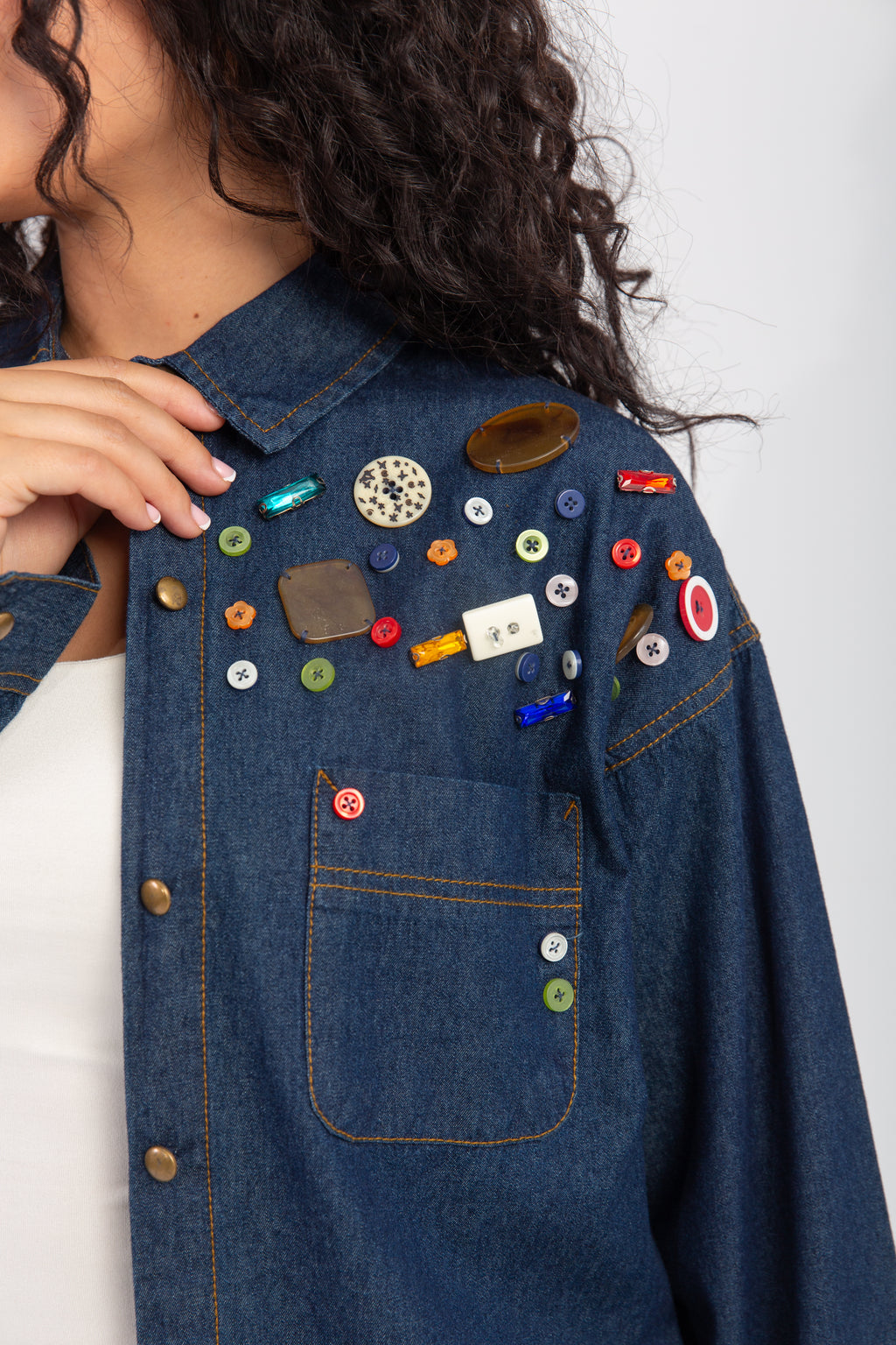Denim Shirt with Handmade Summer buttons Embroidery