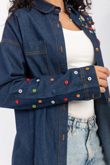 Load image into Gallery viewer, Denim Shirt with Handmade Summer buttons Embroidery