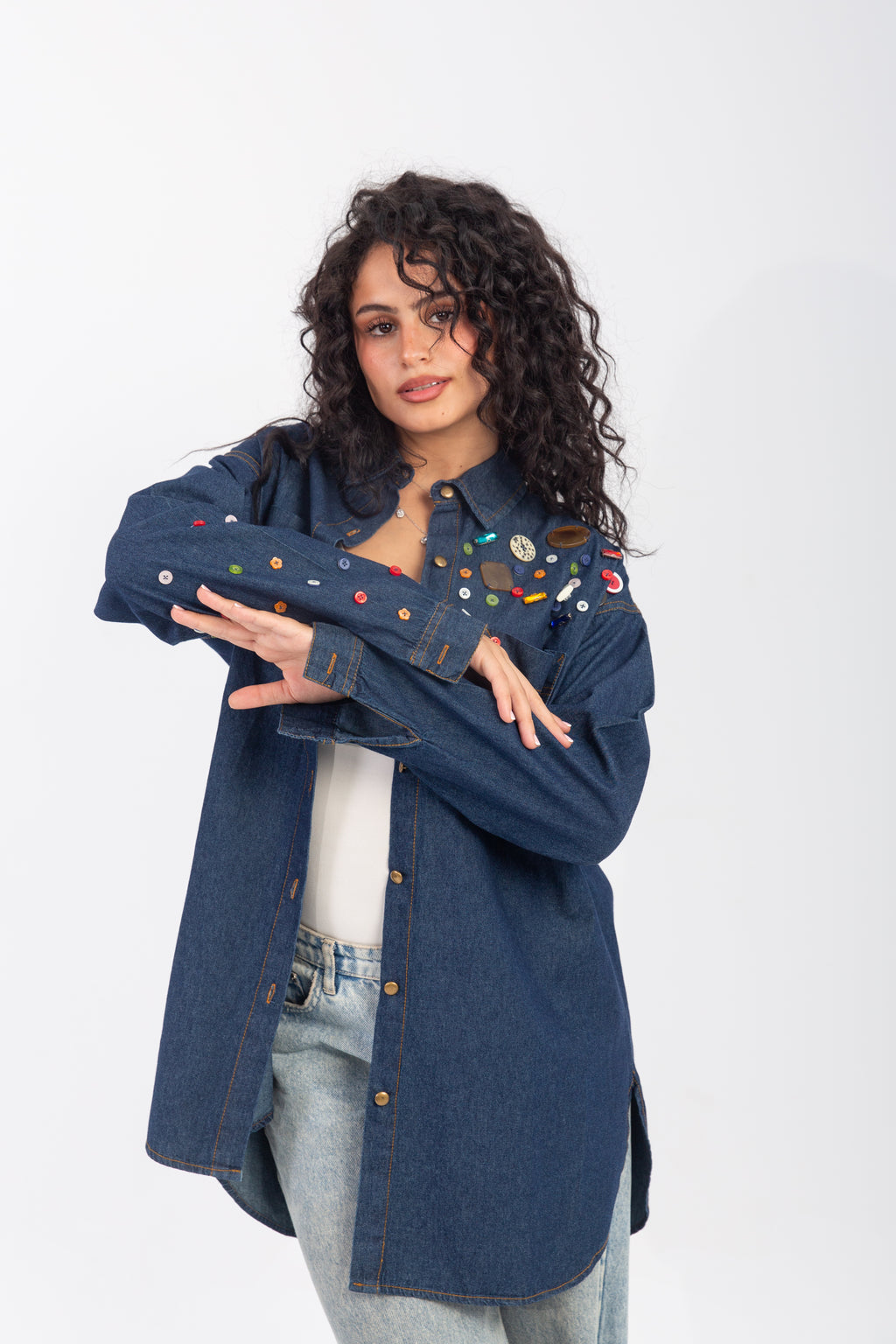 Denim Shirt with Handmade Summer buttons Embroidery