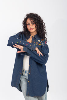 Load image into Gallery viewer, Denim Shirt with Handmade Summer buttons Embroidery