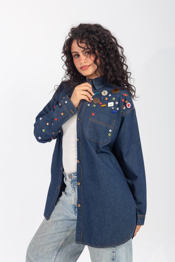 Denim Shirt with Handmade Summer buttons Embroidery