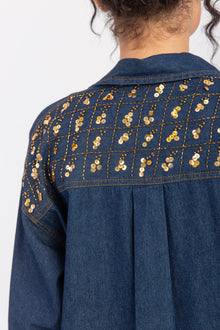 Load image into Gallery viewer, Denim Shirt with Handmade Summer buttons Embroidery