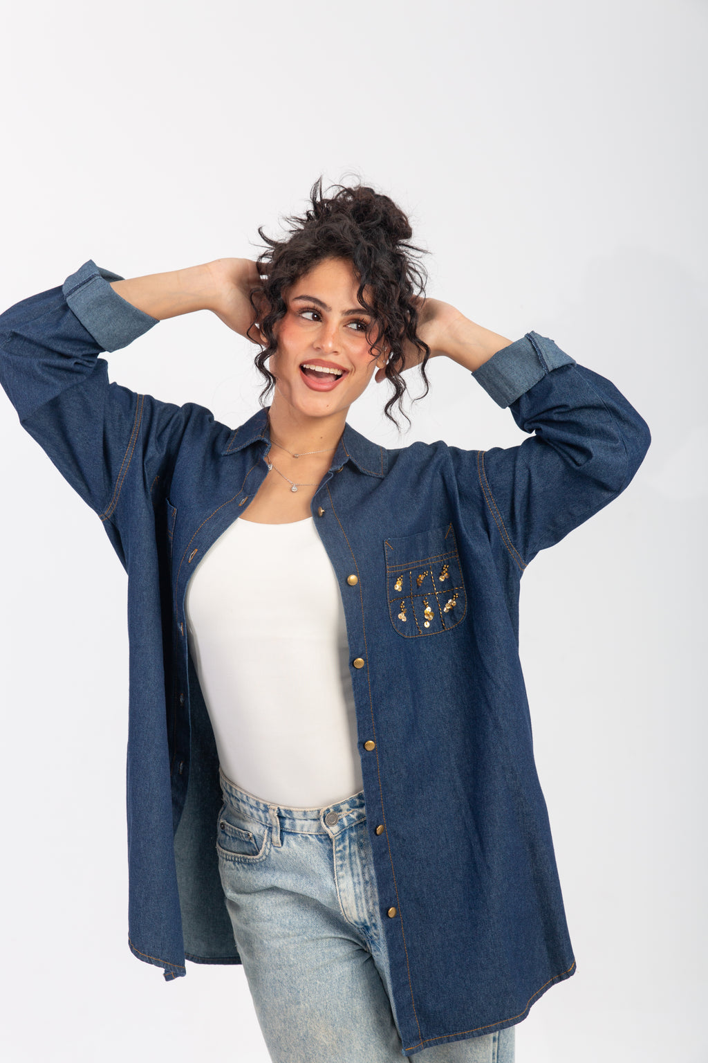 Denim Shirt with Handmade Summer buttons Embroidery