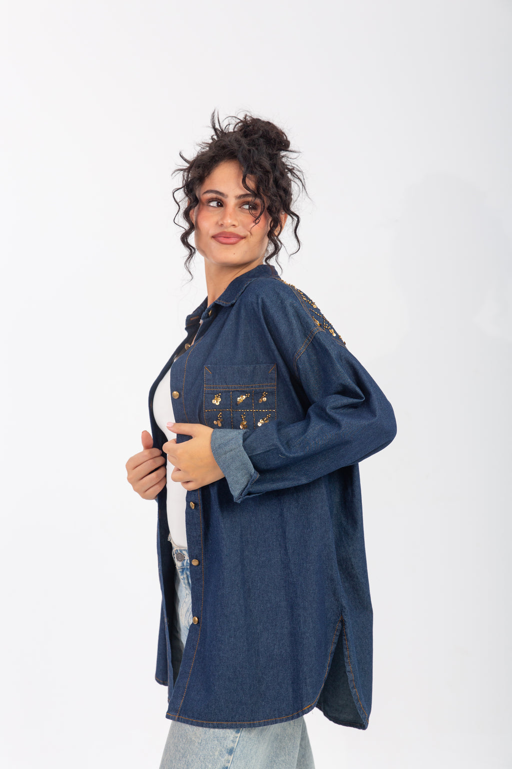 Denim Shirt with Handmade Summer buttons Embroidery