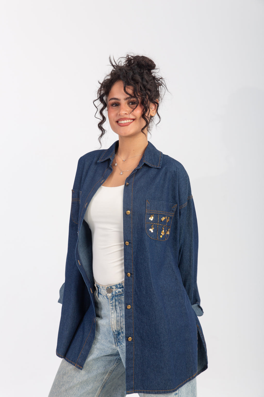 Denim Shirt with Handmade Summer buttons Embroidery