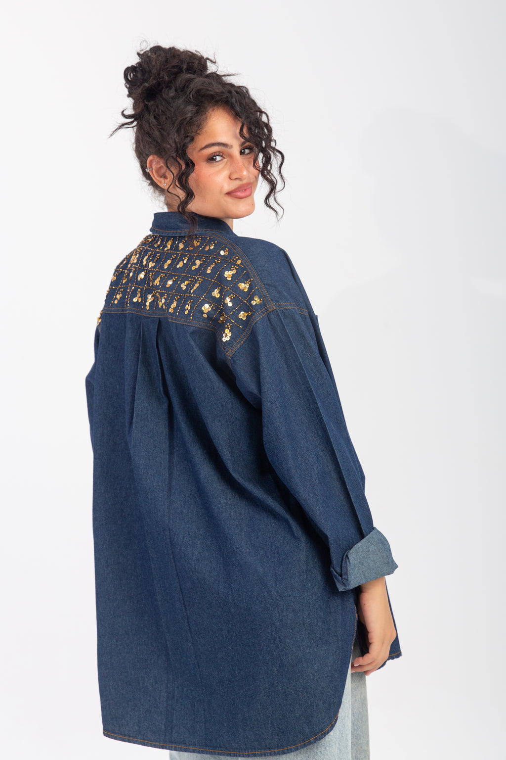 Denim Shirt with Handmade Summer buttons Embroidery