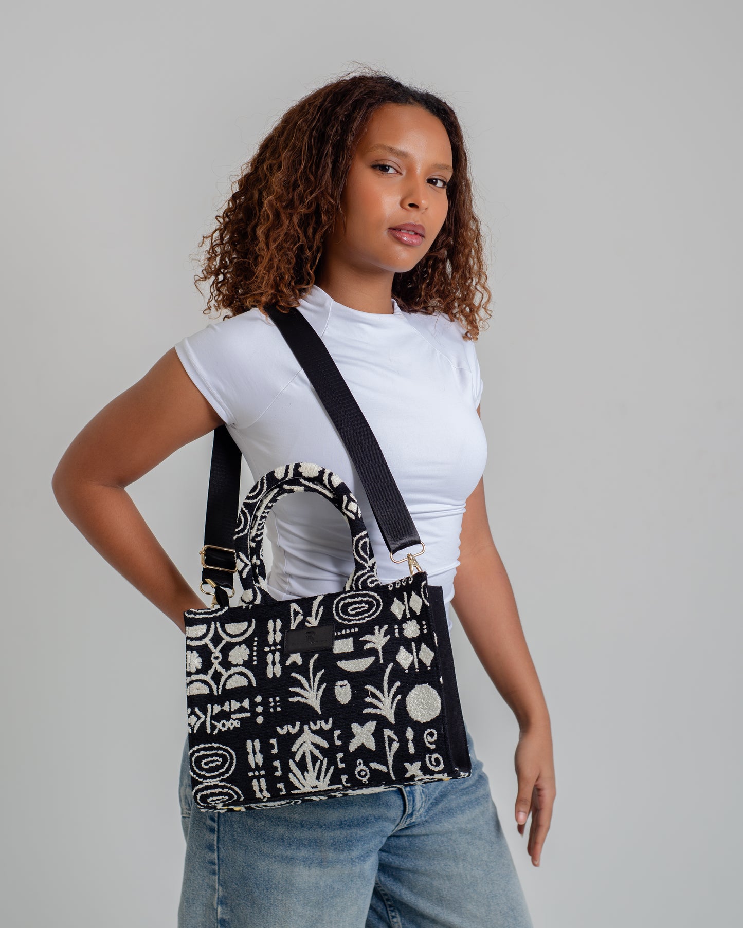 Black X white African mini tote