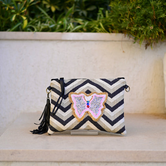 V embroidered butterfly clutch