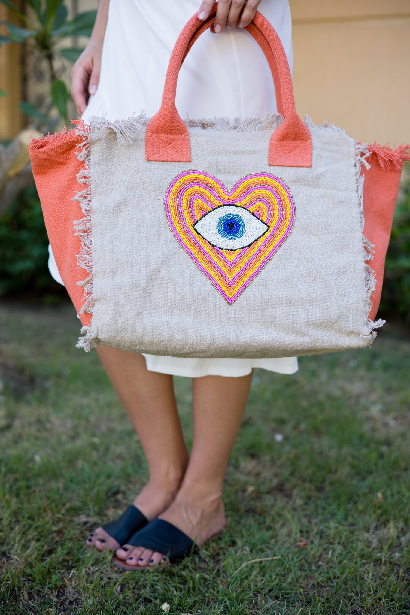 Rwan Designs Beige x orange heart beaded bag Rwandesigns bag bead Collection feature new new collection summer tote