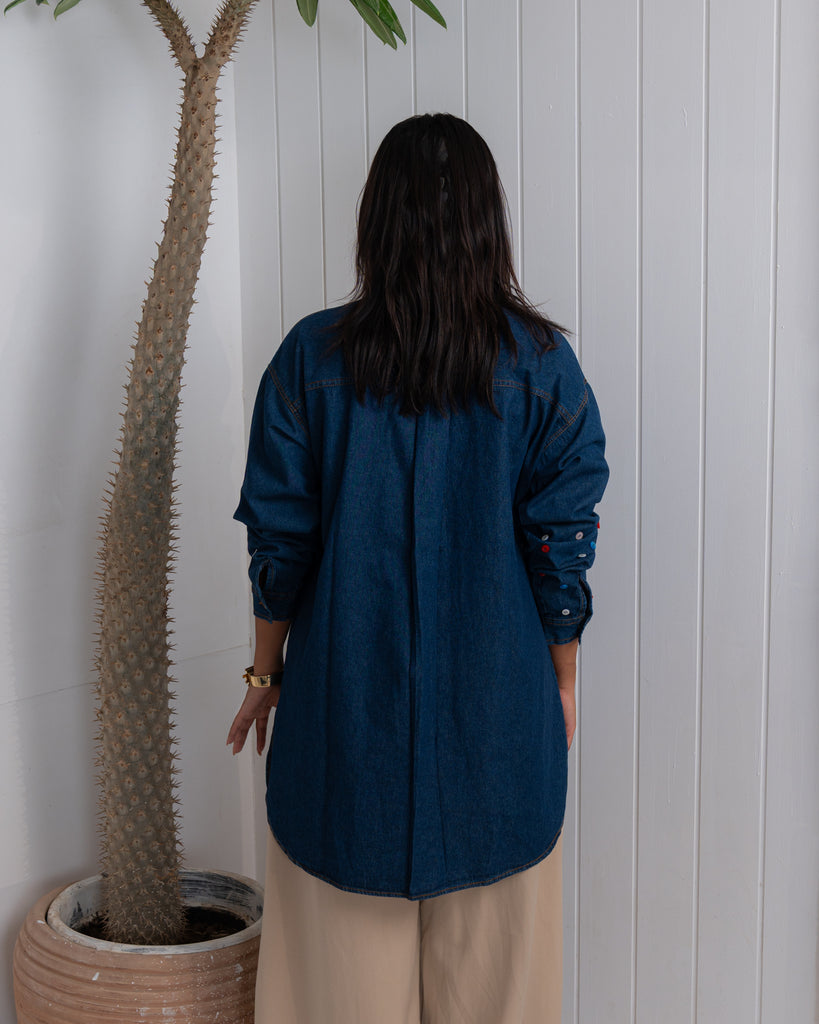 Denim Shirt with Handmade Summer buttons Embroidery