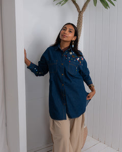 Denim Shirt with Handmade Summer buttons Embroidery