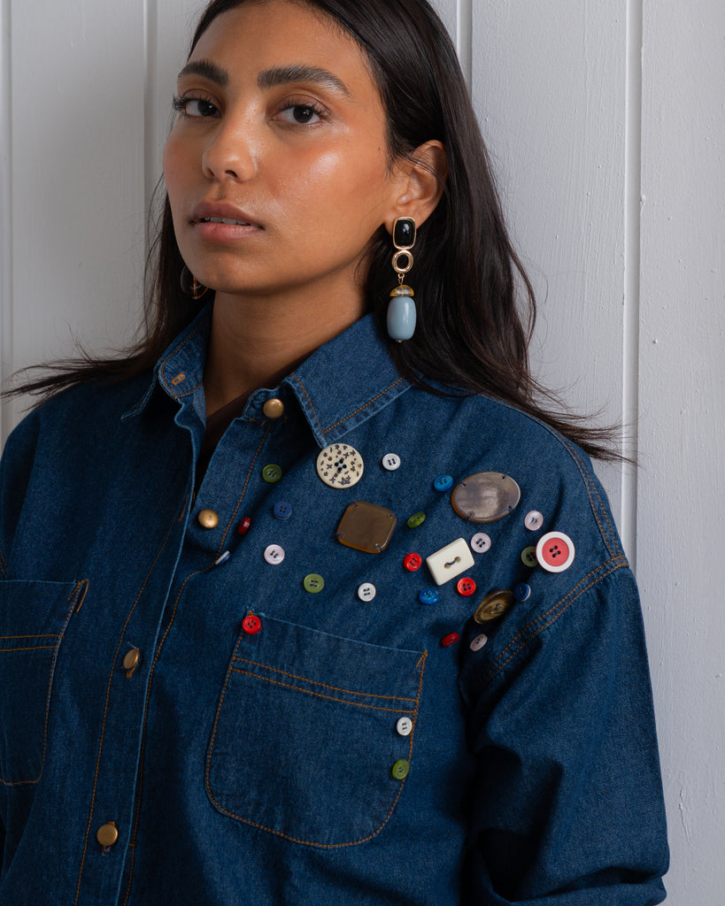 Denim Shirt with Handmade Summer buttons Embroidery
