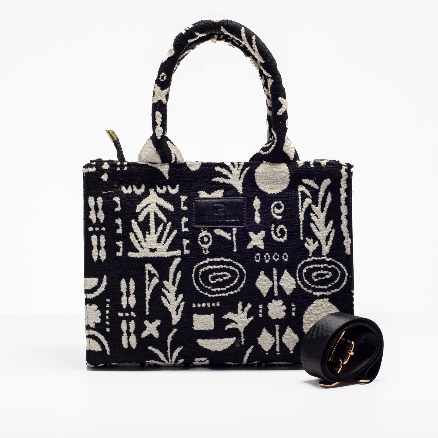 Black X white African mini tote