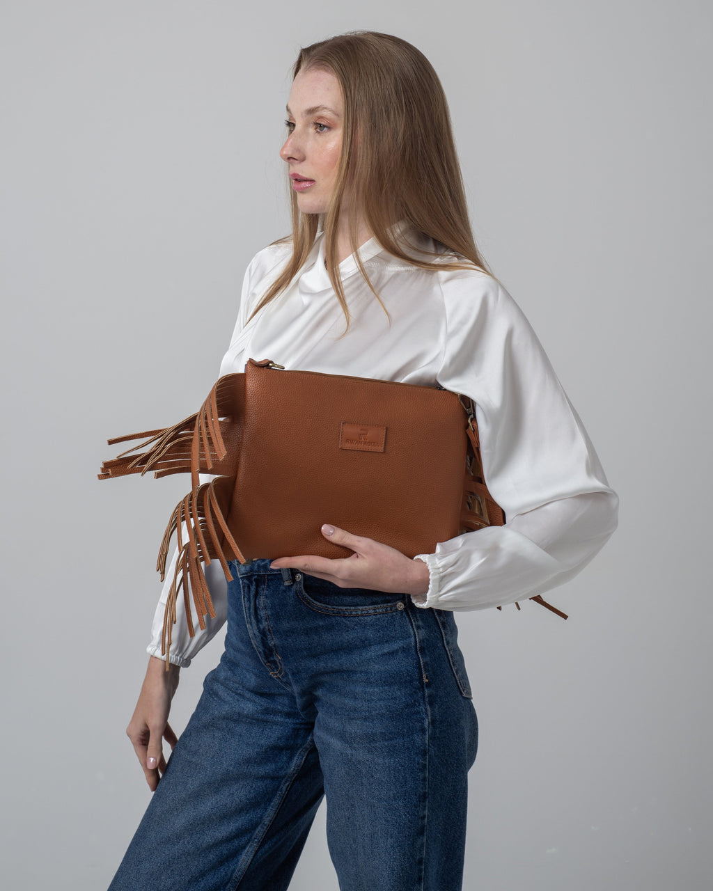 studded light blue-denim stars clutch