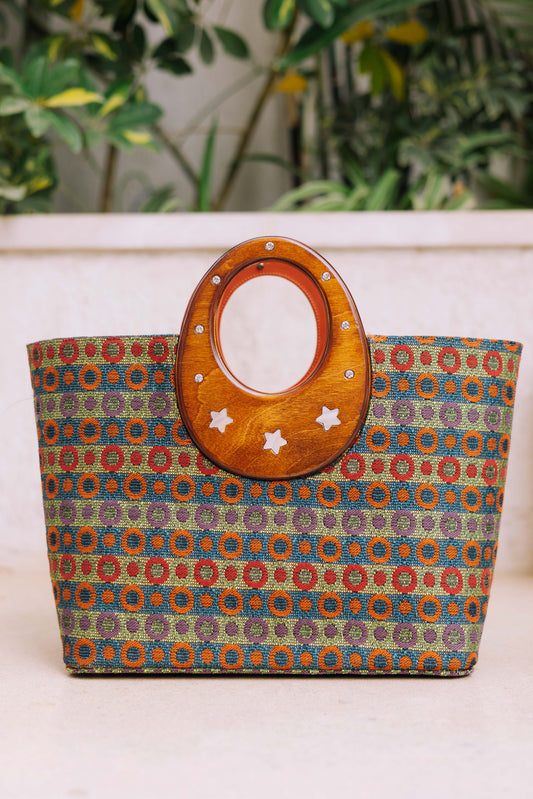 Wooden Handle Tote with Detachable Clutch – Multicolor orange Edition