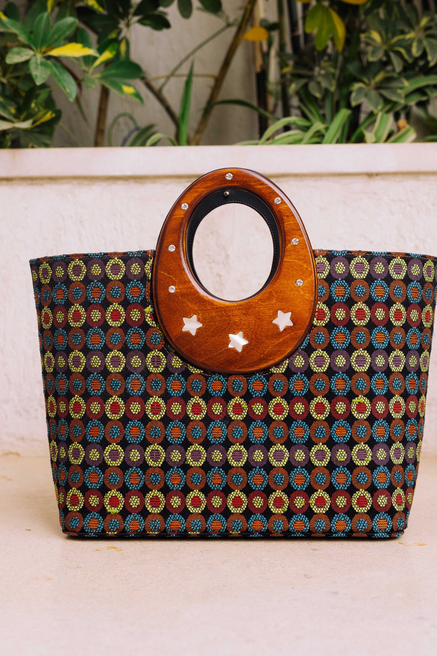 Wooden Handle Tote with Detachable Clutch – Multicolor Black Edition