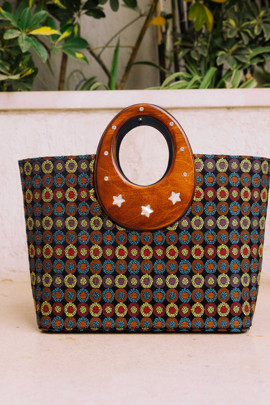 Wooden Handle Tote with Detachable Clutch – Multicolor Black Edition