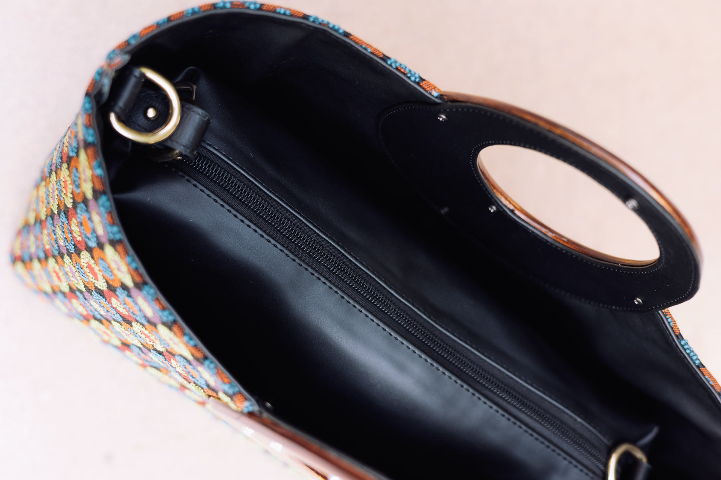 Wooden Handle Tote with Detachable Clutch – Multicolor Black Edition
