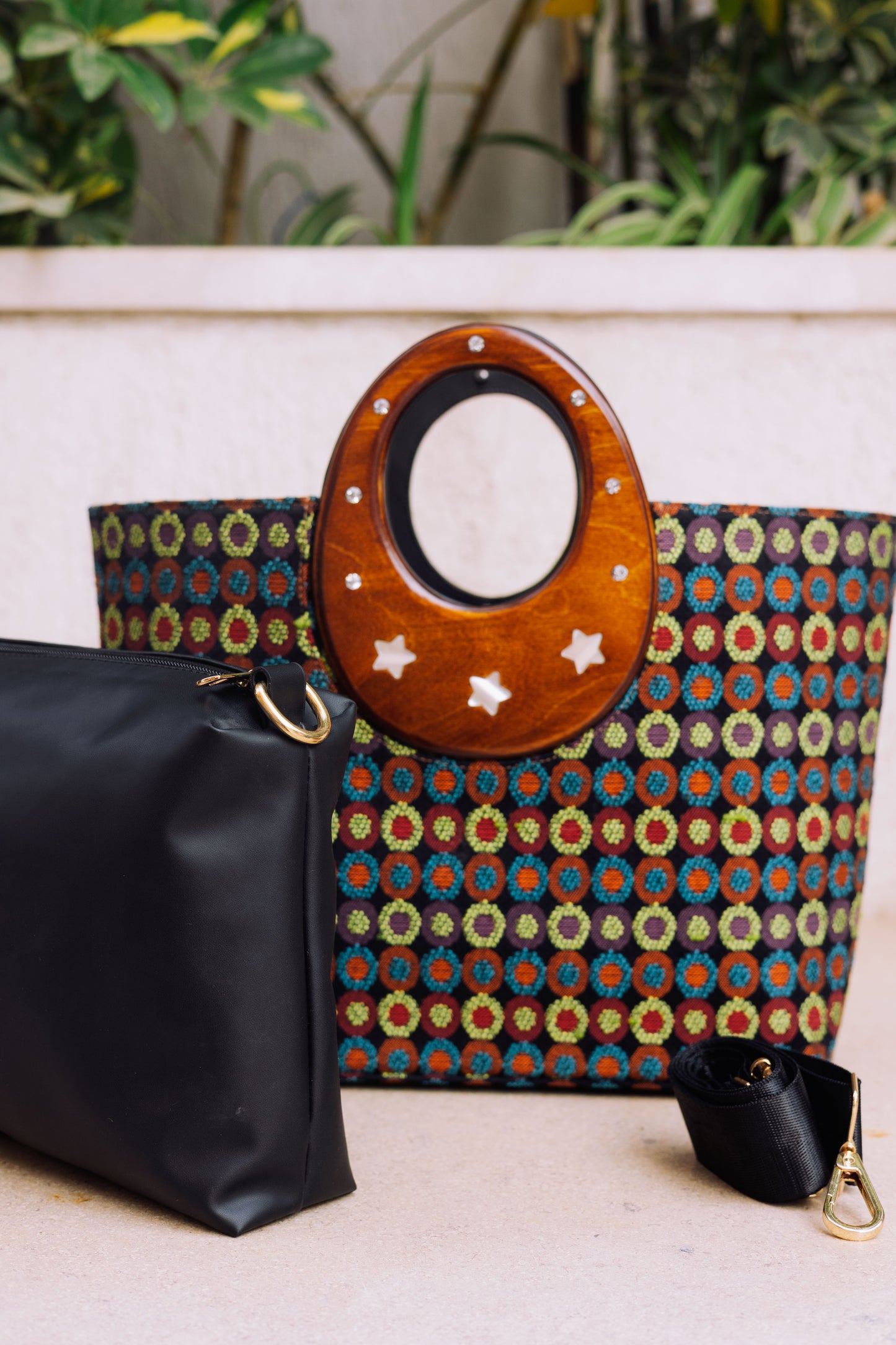 Wooden Handle Tote with Detachable Clutch – Multicolor Black Edition