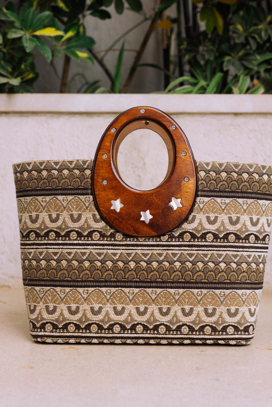 Wooden Handle Tote with Detachable Clutch – Multicolor Beige Edition