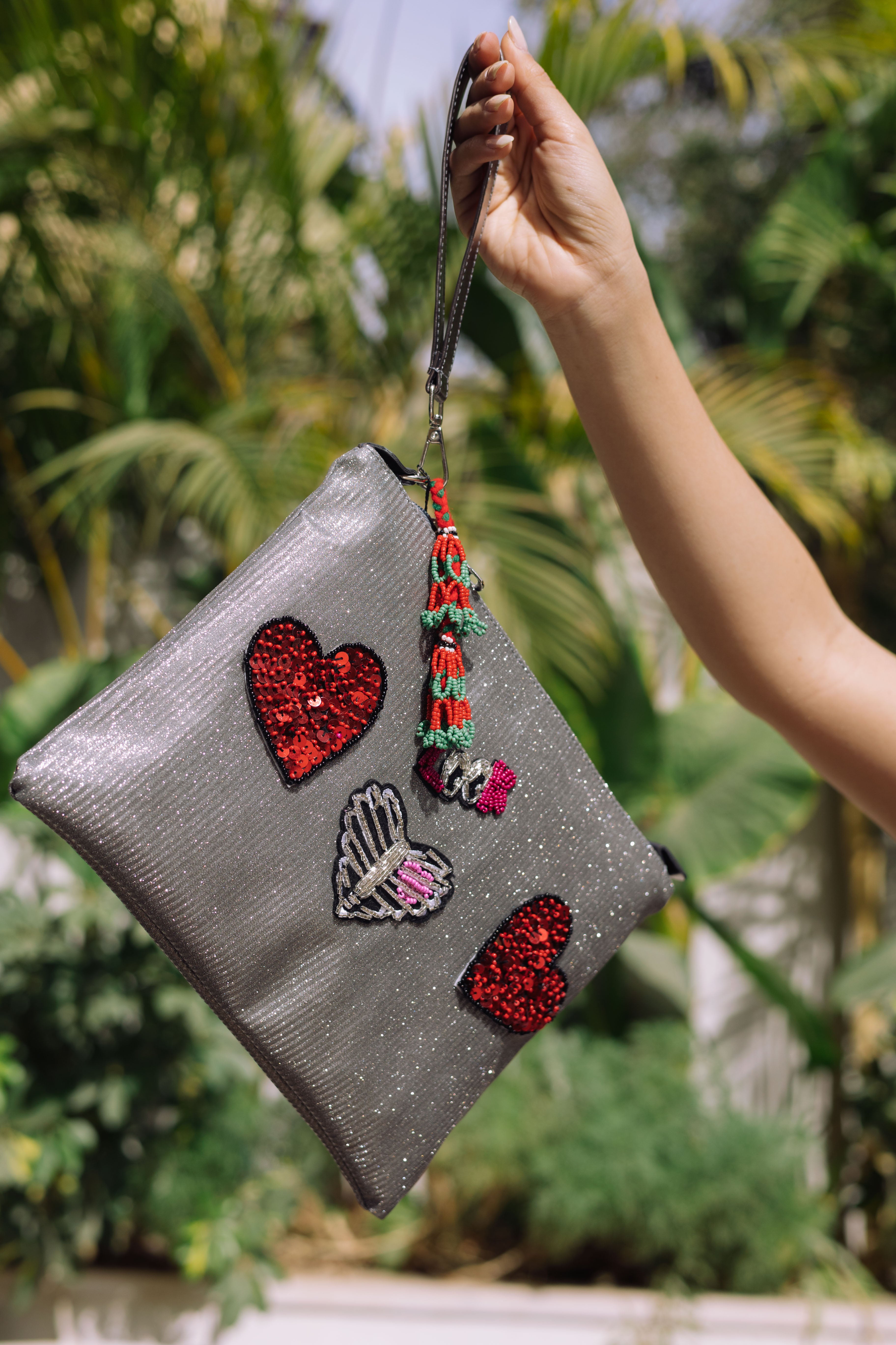 Embroidered Heart Clutch